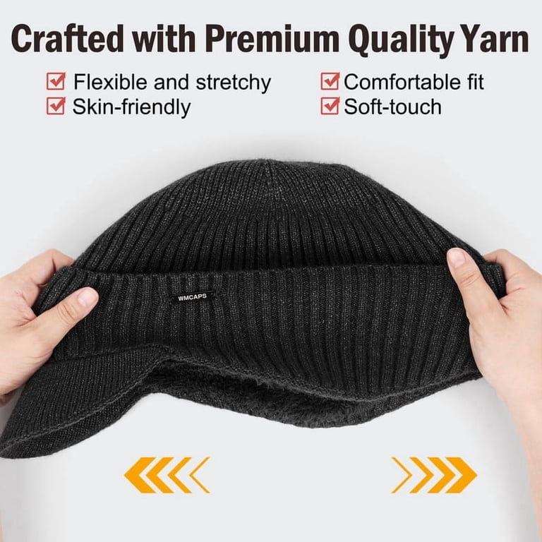 Men & Women Black Beanie with Brim and Ear Flaps Fleece-Lined Hat WMCAPS Winter Beanie with Brim and Ear Flaps, Outdoor Warm  main image 3