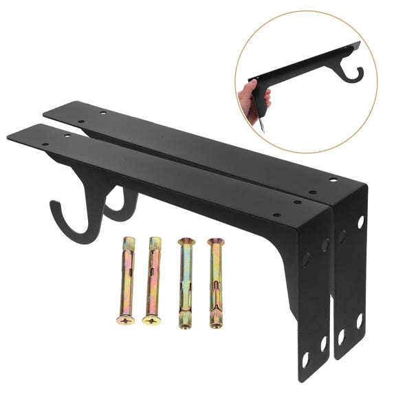 ADDHAT 1 Pair Heavy Duty Black Metal Shelf Brackets with Hooks and Rod Holders for Closet and Floating Shelf Support