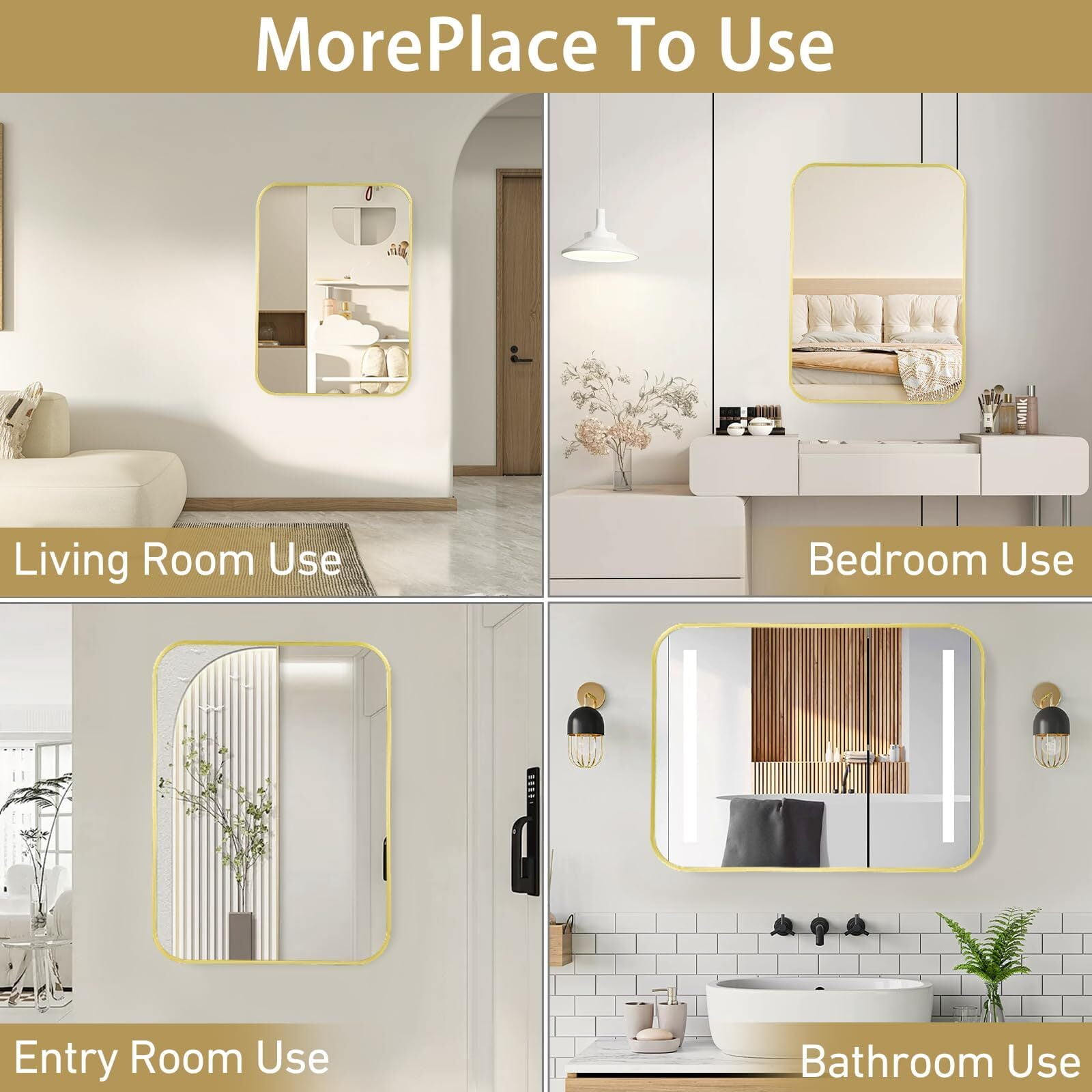 Anyrose 24"x36" Rectangle Bathroom Mirror with Rounded Corner Wall-mounted Mirror,Gold