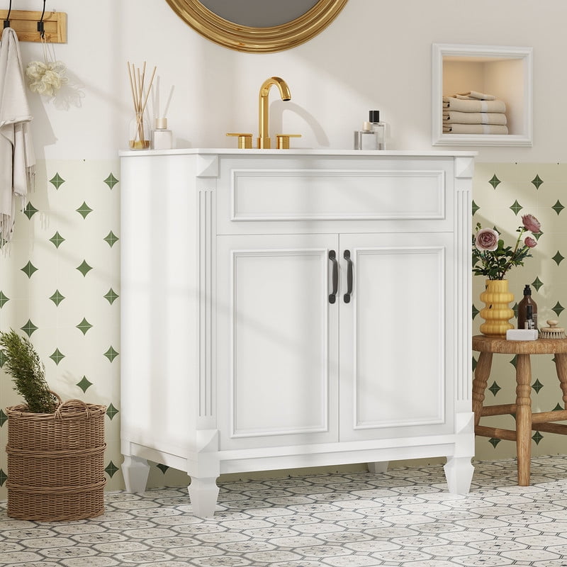 Gianna 30" Bathroom Vanity with Sink, Bathroom Storage Vanity Sink with 2 Doors, Farmhouse Wooden Free Standing Bathroom Cabinet with Sink, Easy Assembly, NO Mirror Faucet (White)