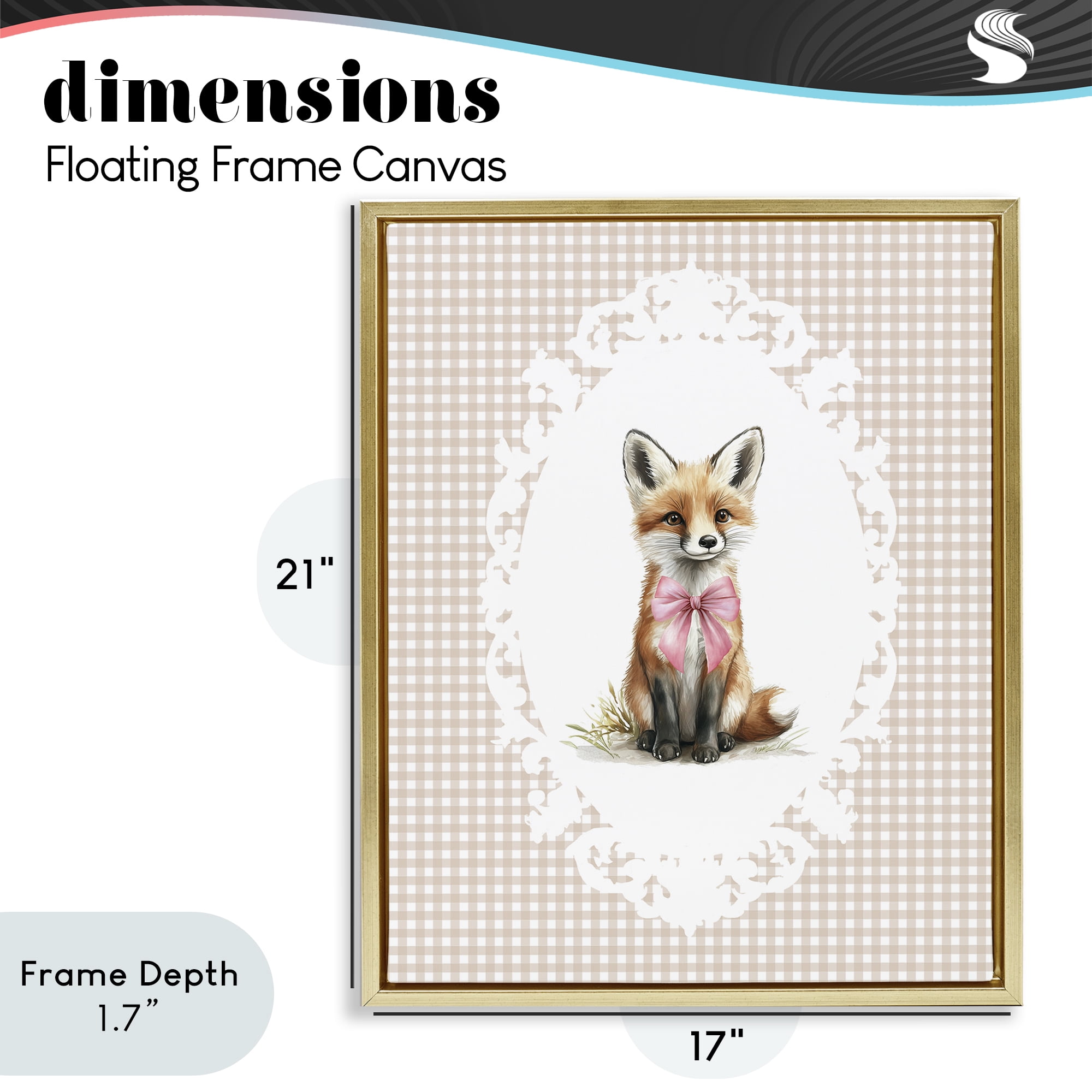 Stupell Industries Vintage Bow Fox on Gingham Gold Framed Floater Canvas Wall Art, design by Christine Simpson Art