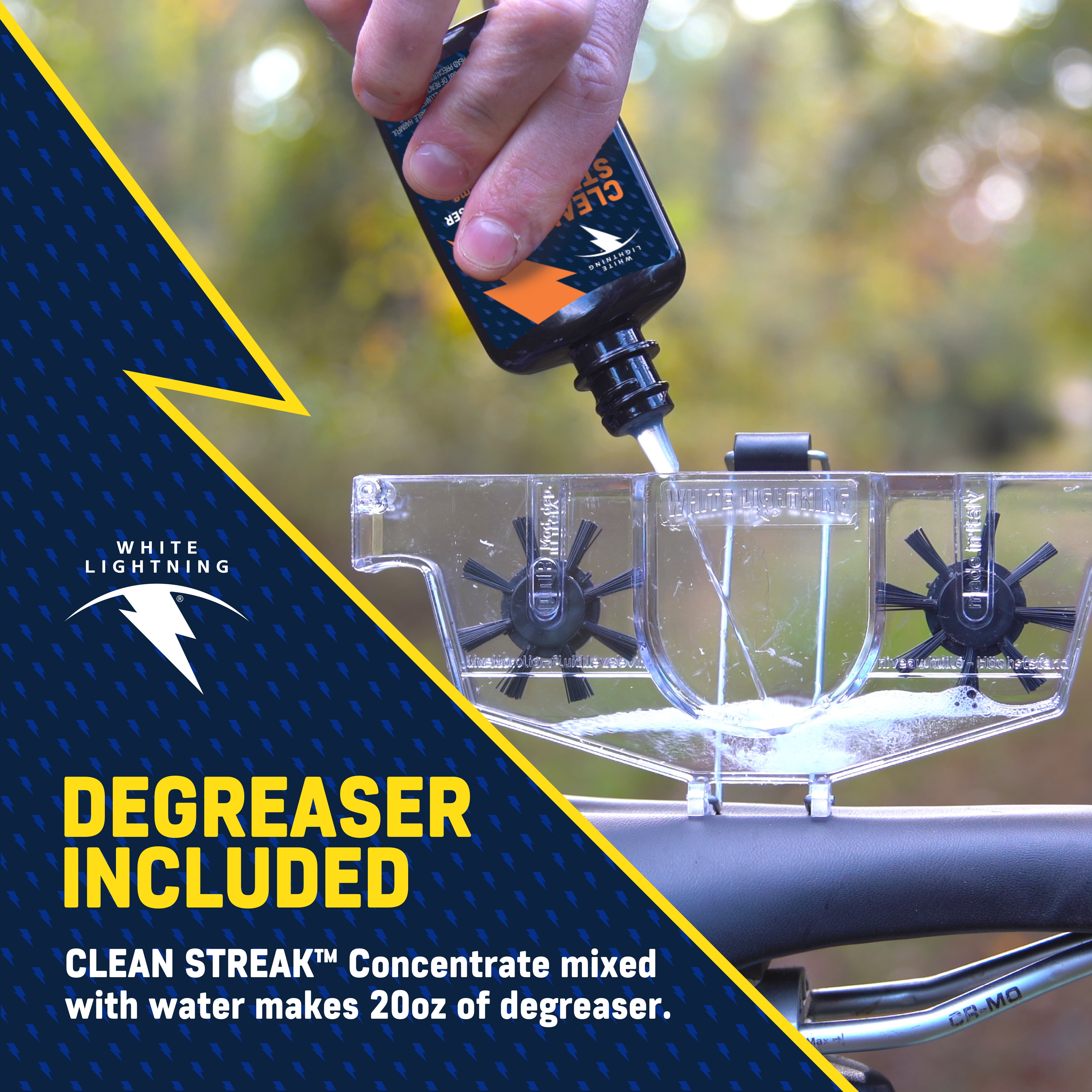 White Lightning® Fast & Easy Bicycle Chain Cleaner Kit™, 2oz Clean Streak Degreaser Concentrate