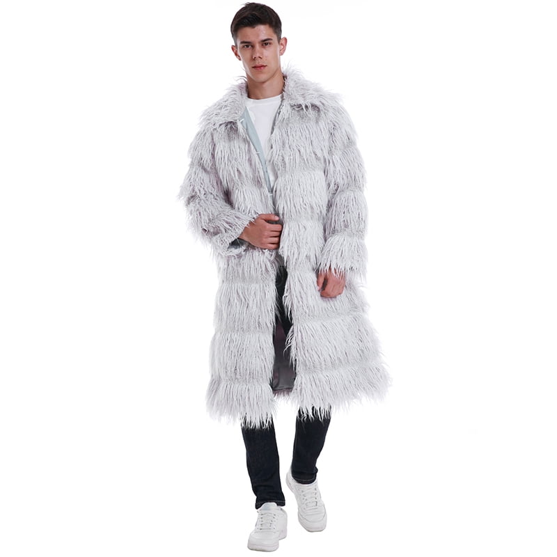 Men Jacket Fluffy Faux Fur Solid Color, Fluffy Faux Fur Coat Grey And White