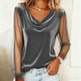 thumbnail image 2 of DxhmoneyHX Womens Velvet Tops Sheer Mesh Long Sleeve Shirts Cowl Neck Patchwork Blouses Loose Fit Going Out Outfits, 2 of 8