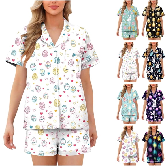 Feancey Short Sleeve Pajama Set for Women Easter Eggs Printed Lounge 2 Piece Sets Comfy Casual Button Down Sleepwear with Shorts Pjs Two Piece Yellow S