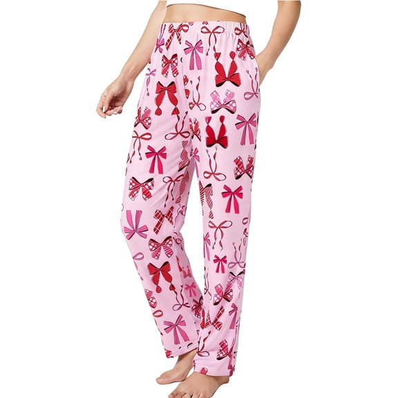 PatPat Women Pajama Pants Pink Bow Print Casual Lounge Pants Sleep Pjs Bottoms with Pockets, Pink, L
