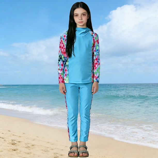 Odeerbi 0-13 Años Niñas 2 Piezas de Manga Larga Con Capucha Rash Guard Conjunto Hawaiano Floral Upf 50 + Traje de Baño Seco Rápido Con Leggings de Baño