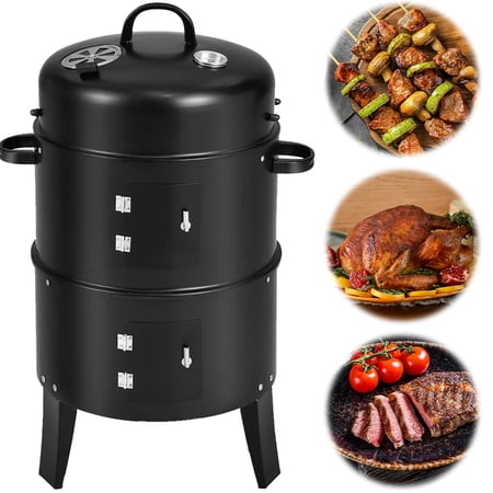 Qiyester Upright Charcoal Smoker - 3-in-1 Multifunctional Outdoor Grill with Built-in Thermometer Ventilation Double Door Design Suitable for Outdoor Camping and Parties Black