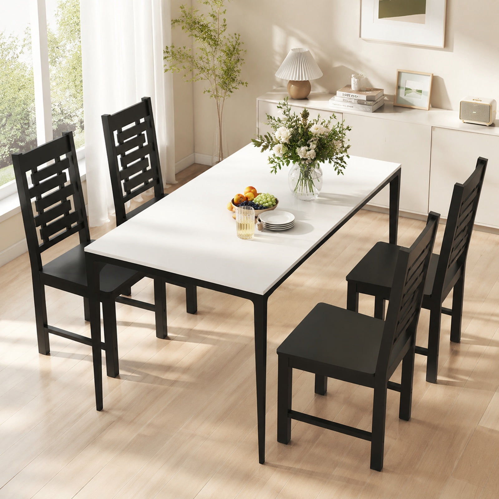 Furnibear Wooden Dining Chairs Set of 2 Solid Rubber Wood Kitchen Chairs with Curved Backrest for Kitchen and Dining Room, Black