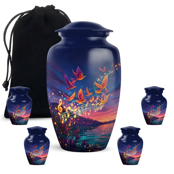 JAGASY Music Urns for Human Ashes Male, Female - Bird Keepsake Urns for Daughter & Son - Sunset 10 Inch Large Urn for Grandmother - 3 Inch Blue Ocean Urn for Burial - (1 Large, 4 Small)