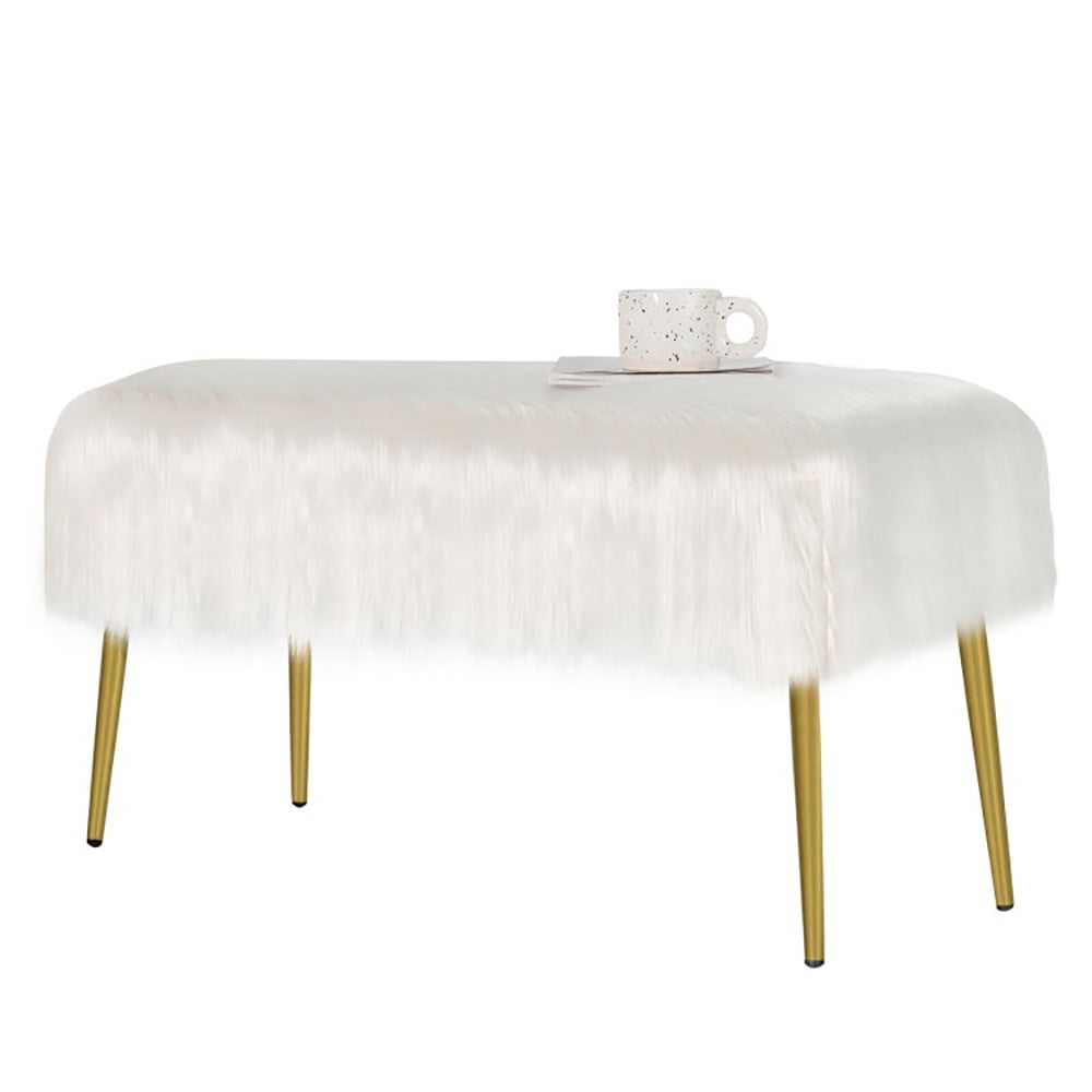 Finihen Upholstered Faux Fur Vanity Stool Chair, Footstool Ottoman, Vanity Stool with Golden Metal Legs, Decorative Furniture Footrest, for Makeup Room, Living Room, Bedroom, White