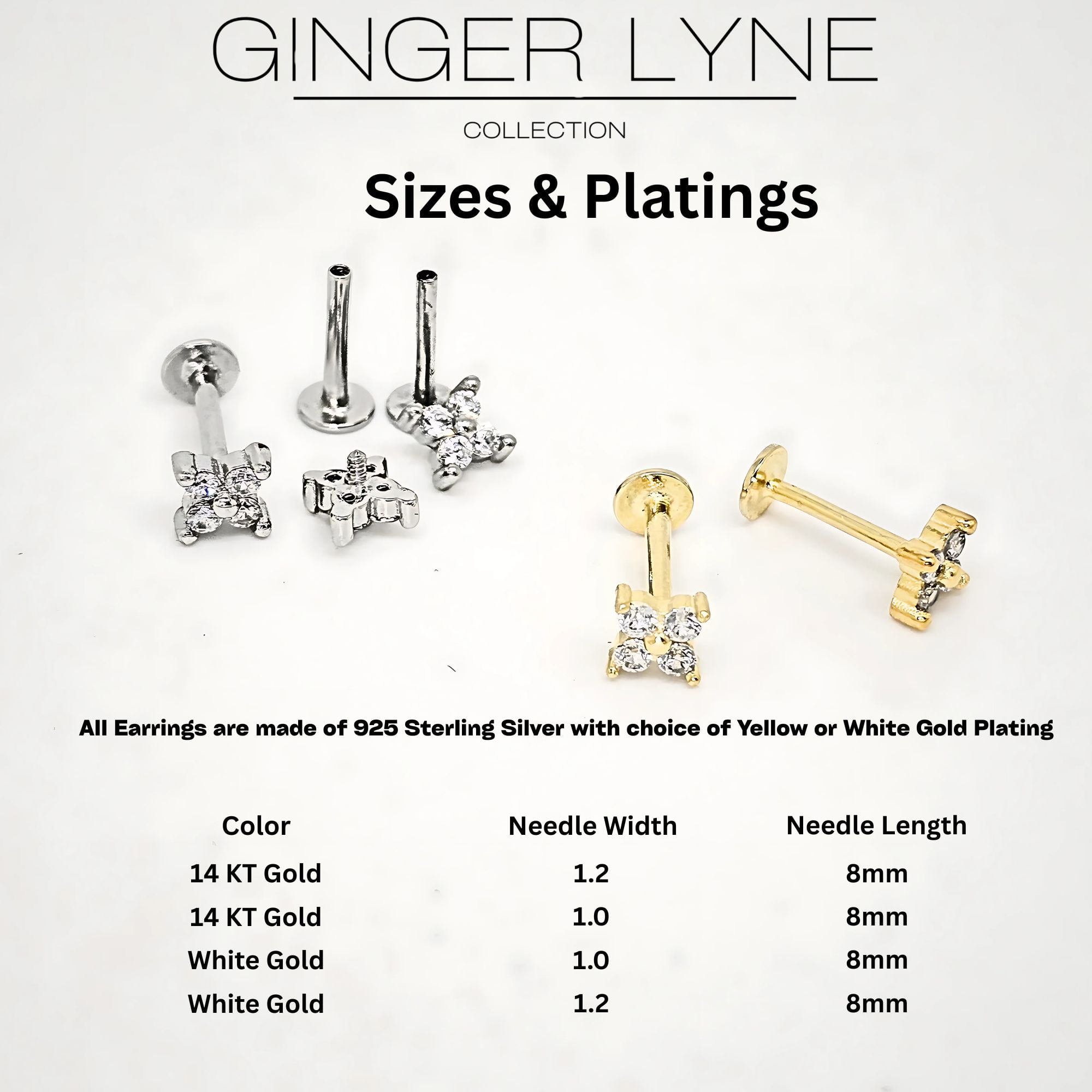 Cubic Zirconia Flat Back Stud Earrings by Ginger Lyne Gold Plated Sterling Silver Body Jewelry