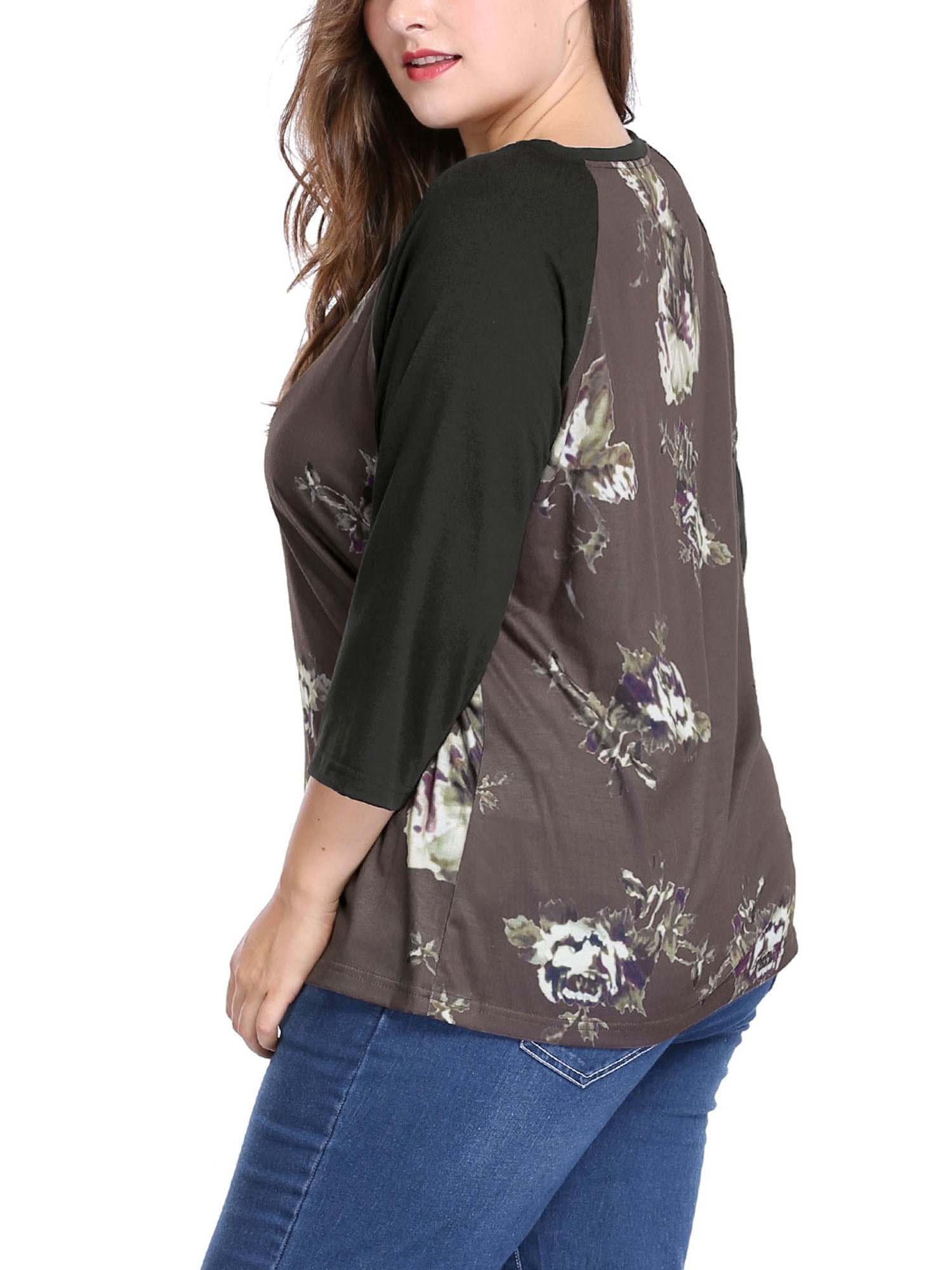 DARING DIVA Women's Plus Size Raglan Crewneck 3/4 Sleeve Floral Tunic Tee 1X Coffe