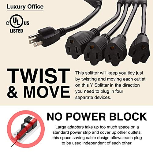 4 Way Power Splitter - 1 to 4 Extension Cord Splitter, 3 Foot Extension Cord, Outlet Splitter 3 Prong, Power Strip Outlet Plug, Y Style Extension Cord, Black, SJT 16 AWG by Luxury Office