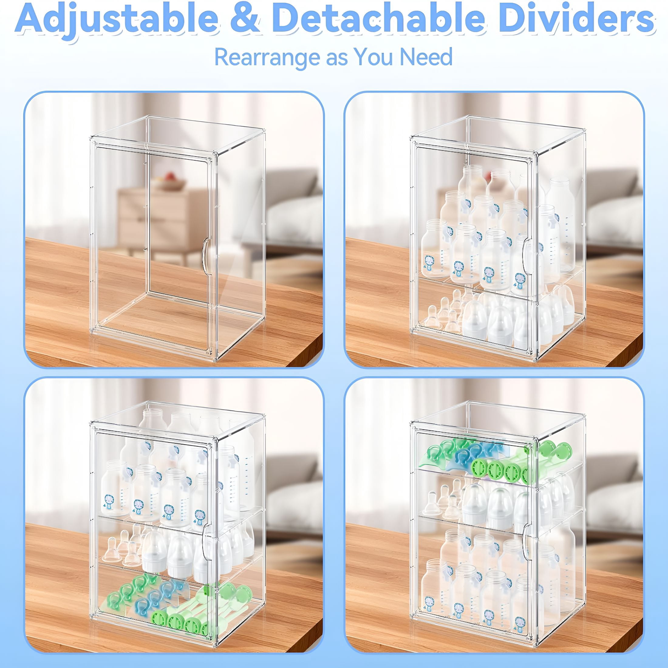 XIBUFE Baby Bottle Storage Organizer for Countertop,Large Clear Bottle Organizer,Baby Bottle Storage Organizer for Bottles,Nipples,Pump Parts&Food Jars,Nursery Cabinet,Kitchen Pantry