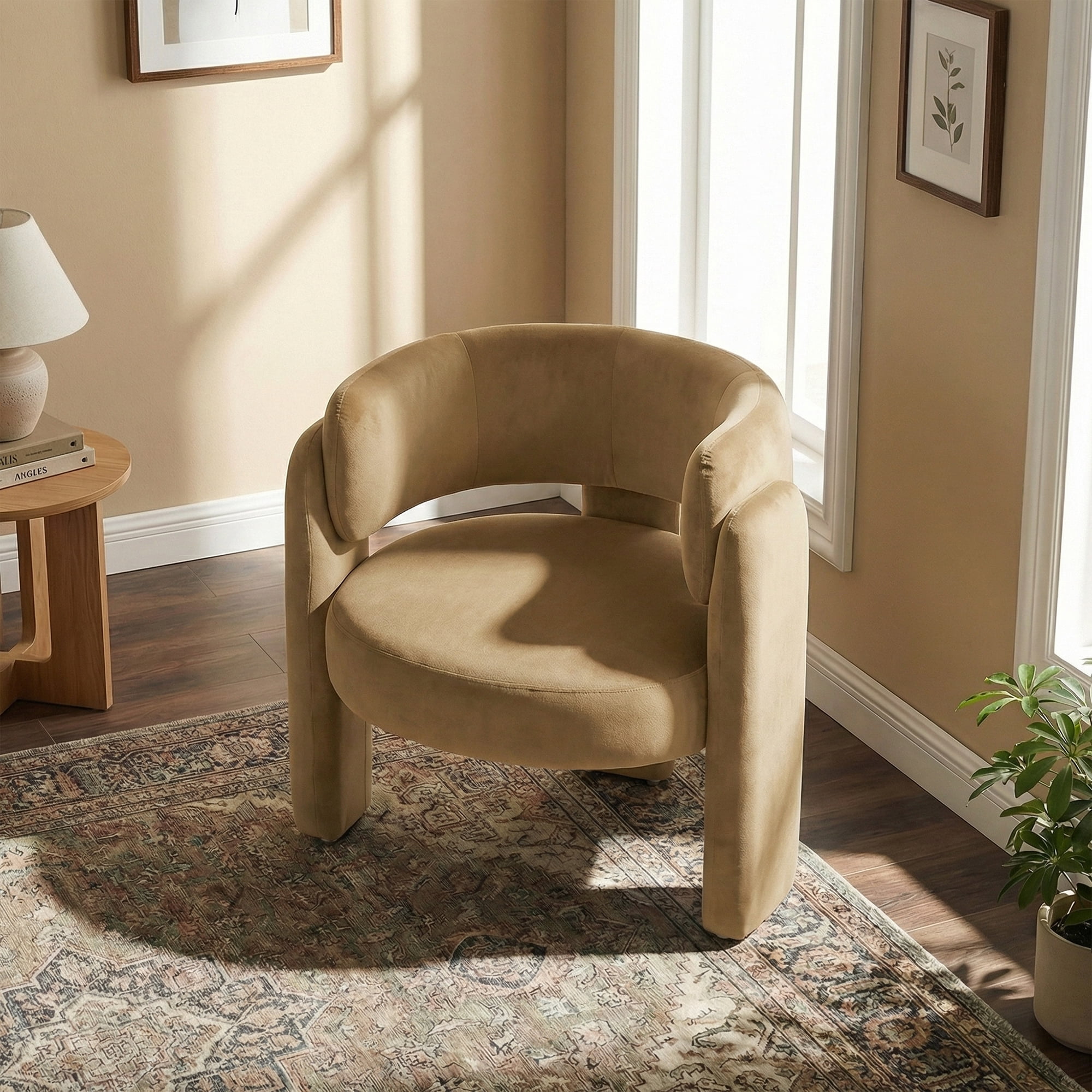 AFO Modern Upholstered Dining Chair, Cute Barrel Side Armchair with Round Back for Living Room Dining Room Bedroom, Khaki