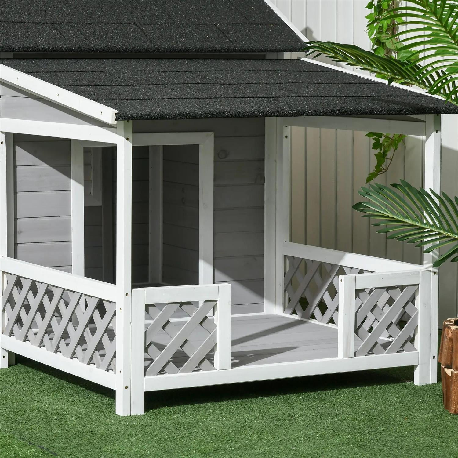 Pefilos 63" Outdoor Cabin Style Dog House with Asphalt Roof & Shutter Window, Wooden Dog Kennel Weatherproof for Small to Large Dogs, Gray