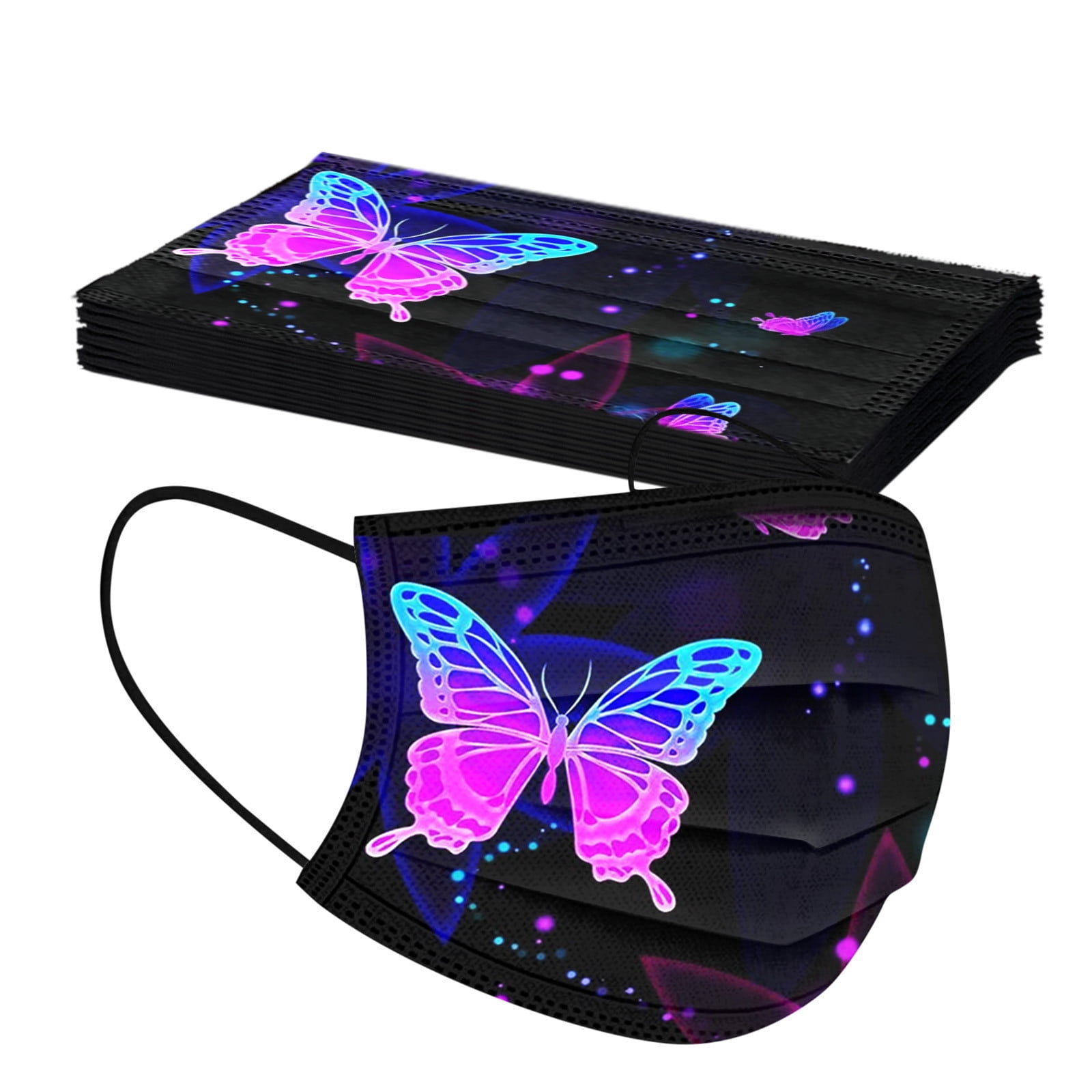 Jeeke-01 50PCS Adult Disposable Face Protection Butterfly Printed Safety 3-Layers Non-Woven Face Covering Universal Bandanas Breathable Dust-Proof with Elastic Earloop for Outdoor Working Traving 