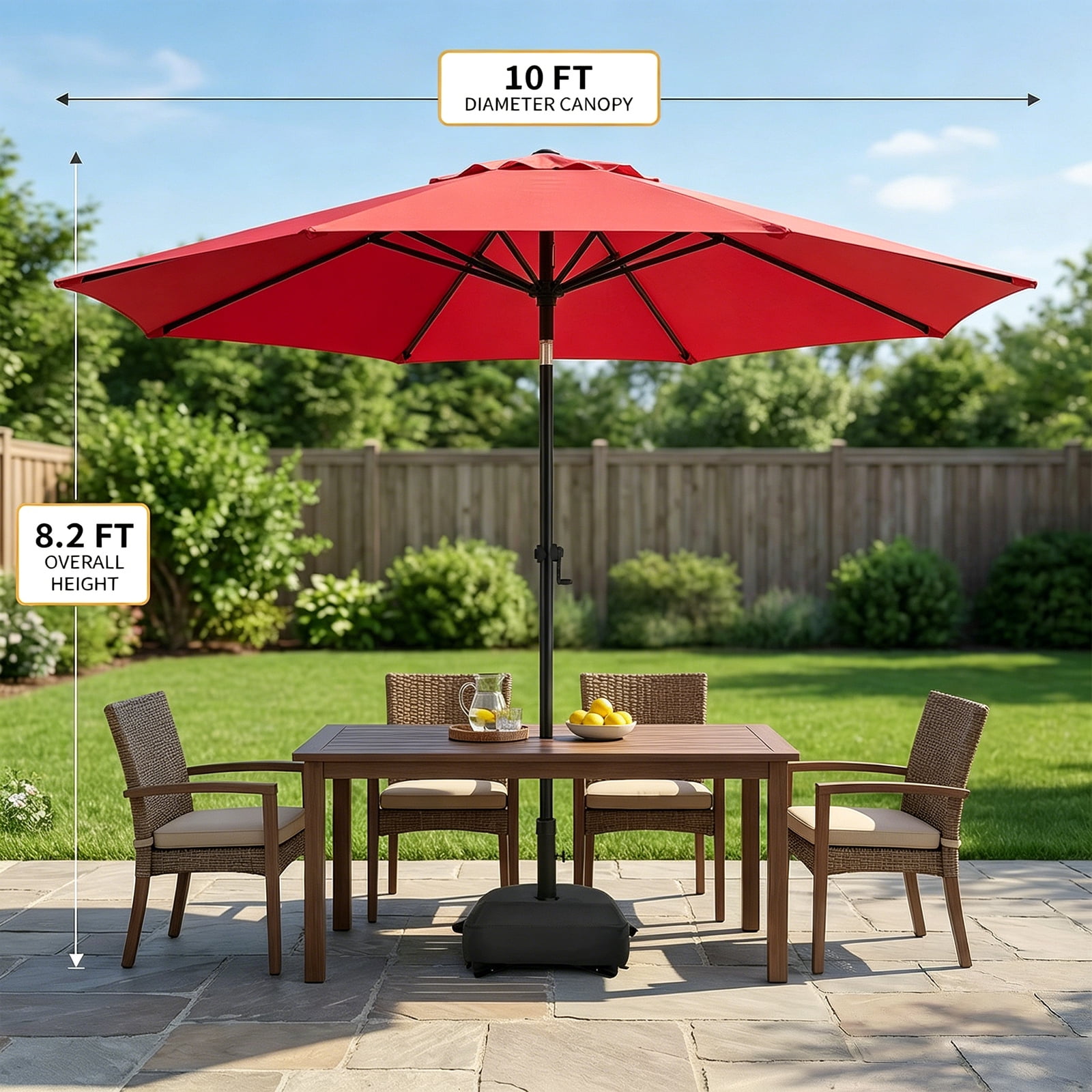 10FT Patio Umbrella (Base Included), 8 Heavy-Duty Ribs, Fade & Waterproof Polyester DTY Canopy for Outdoor Areas: Garden, Deck, Pool & Backyard, Red