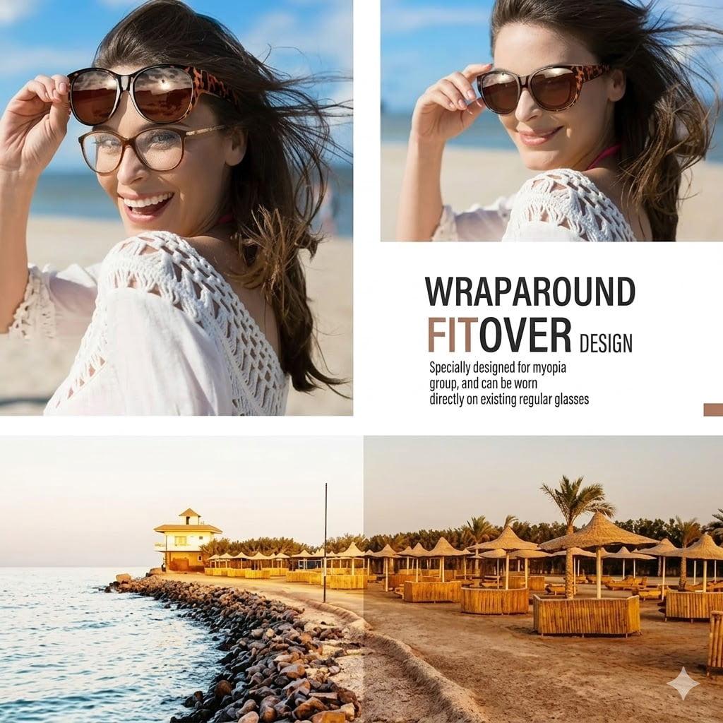 Shoreside Polarized Fit-Over Sunglasses, Trendy Round Cat-Eye Sunglasses for Women & Men (L)