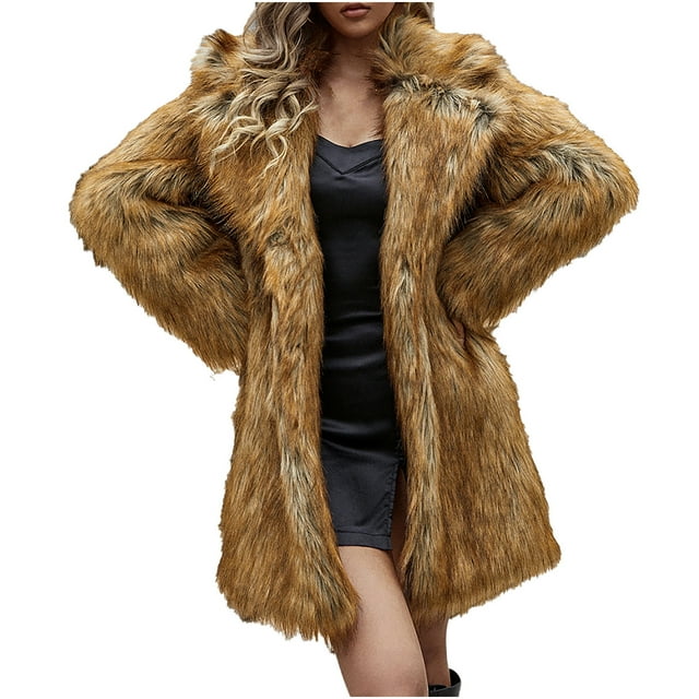 Pompotops Manteau Veste Chaude en Fausse Fourrure pour Femmes Dames Hiver Col Rabattu Uni Vêtement d'Extérieur
