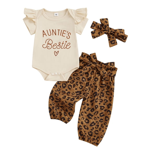 Aunties Bestie Baby Girl Clothes Aunt Saying Letter Embroidery Ruffle Romper Leopard Pant Headband
