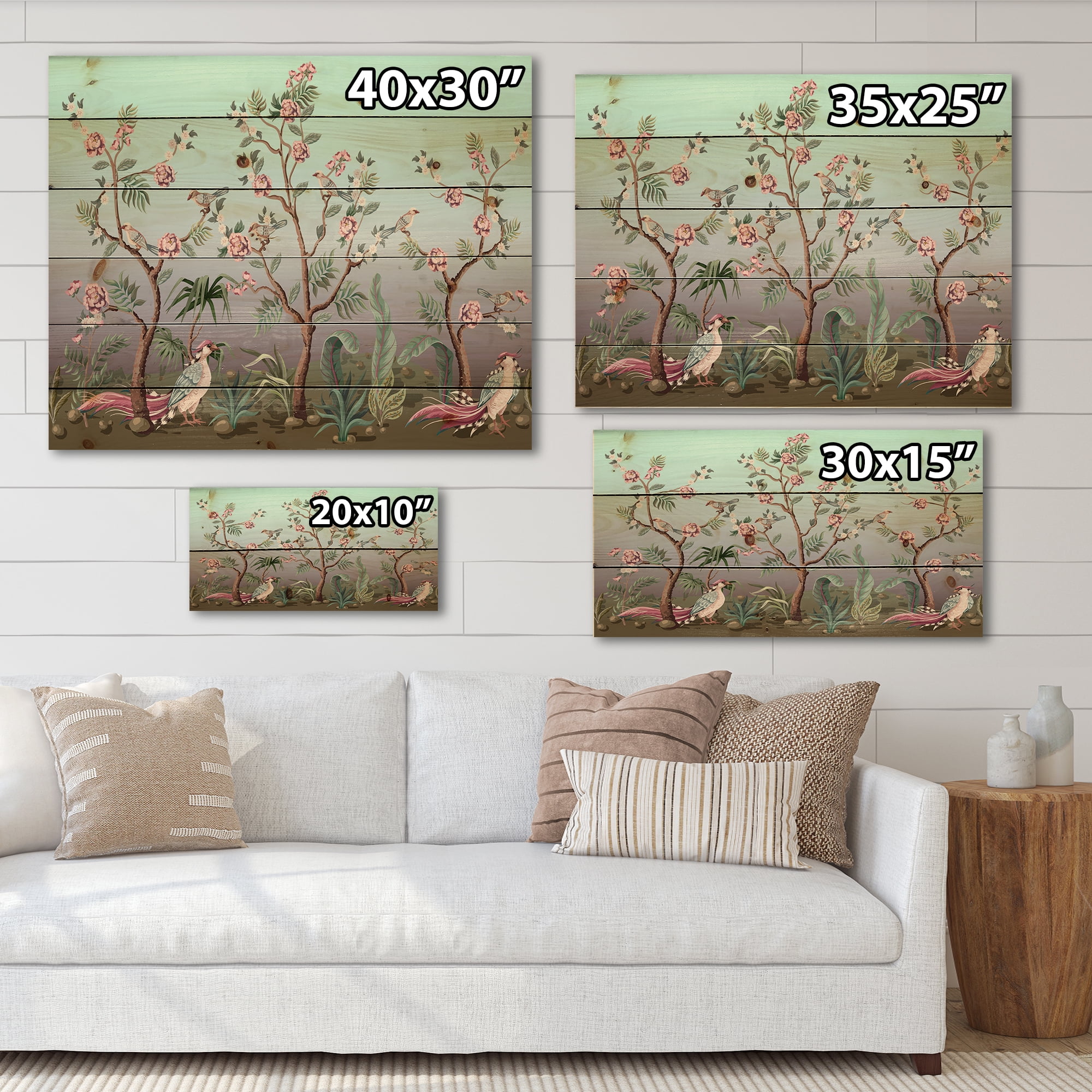 Designart 'Chinoiserie With Peonies and Birds II' Traditional Print on Natural Pine Wood