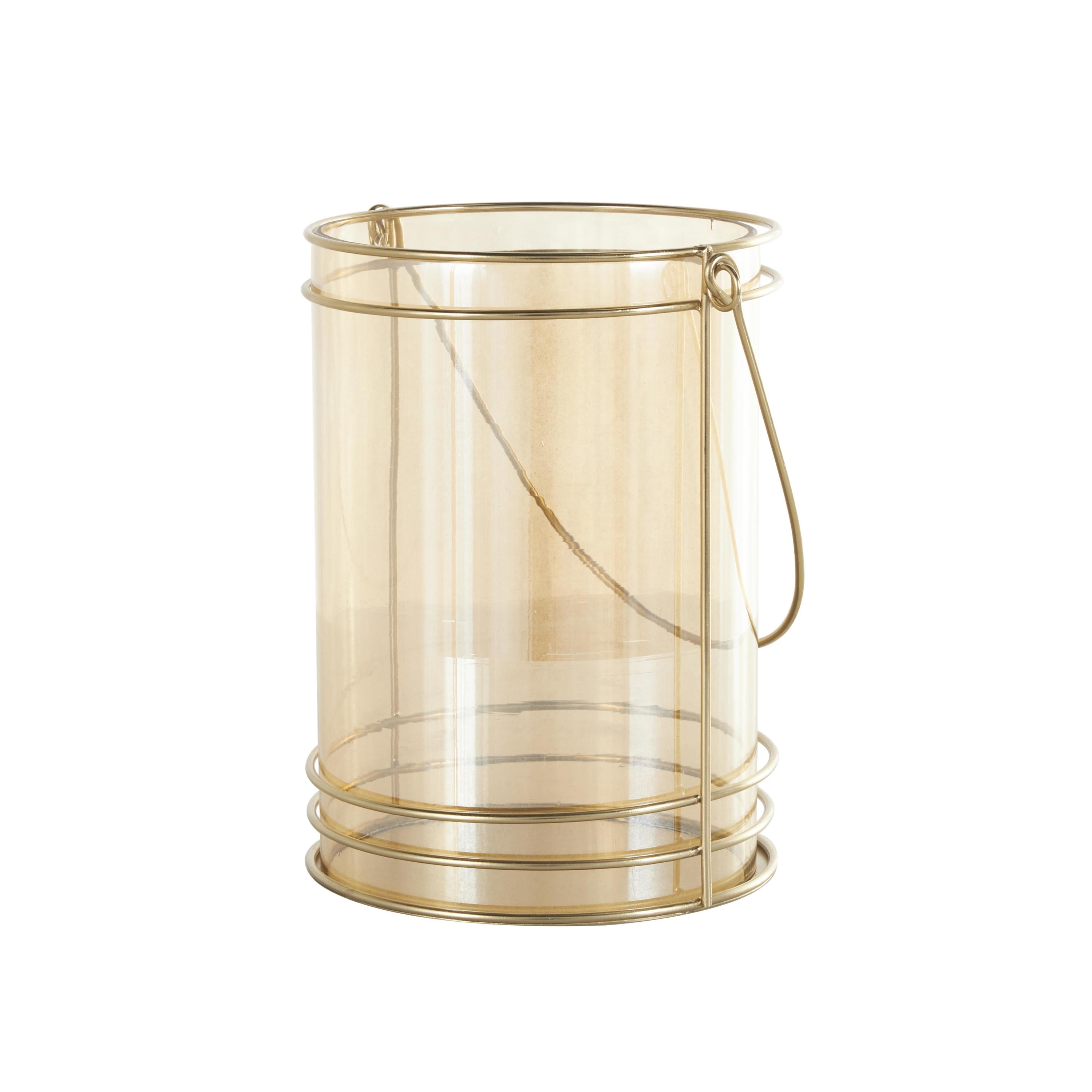 DecMode Gold Metal Candle Lantern with Thin Circular Rods and Tinted Glass