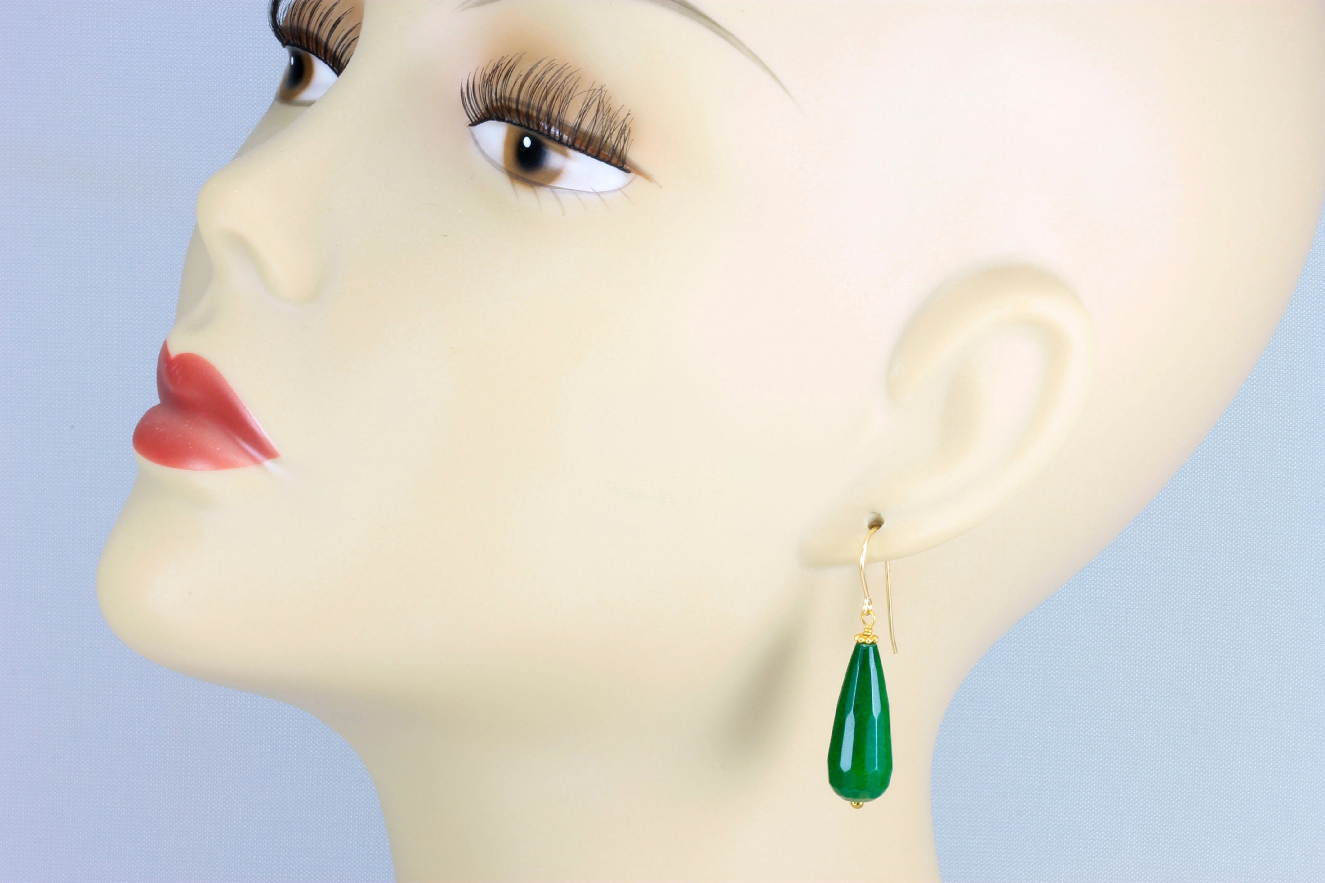 Quartzite Earrings Emerald Green Color Faceted Cut Rounded Long Teardrop 14k Yellow Gold Filled Spyglass Designs