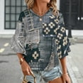thumbnail image 3 of Denim Patchwork Women's V-Neck Blouse With 3/4 Ruffled Bell Sleeves Casual Top Ladies Blouses, 3 of 7
