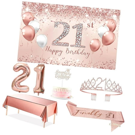 SKYSONIC 25th Birthday Party Decor Set for Women, Rose 25 Banner and Tablecloth, Fabulous at 25 Sash and Tiara, Happy 25th Birthday Cake Topper, 25 Number Balloons