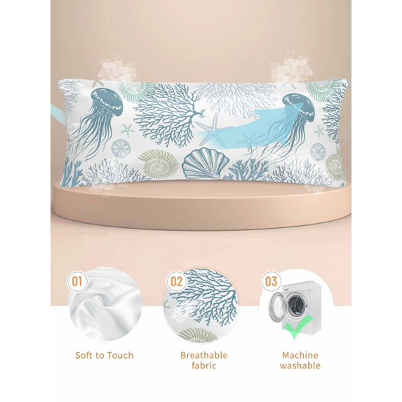 Blue Jellyfish Coastal Pillow Cases Body Size, Smooth Satin Pillowcase for Hair and Skin, Summer Beach Nautical Coral Decorative Cooling Bed Pillow Covers with Zipper, 20x54 Inches