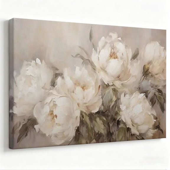 Elegant White Peonies Framed Canvas Wall Art Cream Floral Oil Painting Bouquet Poster Print Living Room Bedroom Decor 8*12