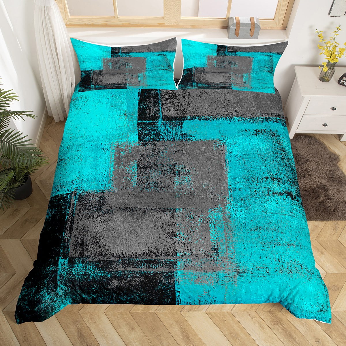 Turquoise And Grey Duvet Cover Full Retro Teal Ombre Bedding Set For