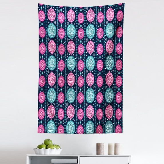 Xmas Tapestry, Celebration Pattern Vertical Borders Spring Floral Circles, Fabric Wall Hanging Decor for Bedroom Living Room Dorm, 5 Sizes, Dark Blue Teal Pink, by Ambesonne