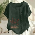 thumbnail image 2 of Flower T-Shirts Women Short Sleeve Crewneck Casual Tee Shirts Cotton Linen Blend Beach Vacation Blouses Ladies Summer Tops Army Green Tops,Size S-2XL, 2 of 6