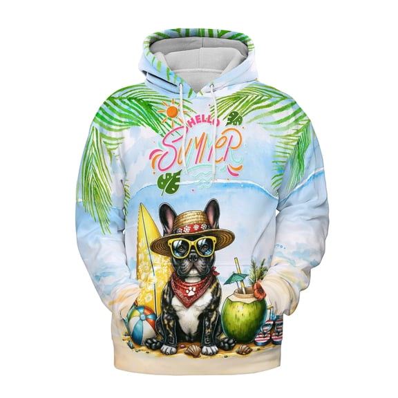French Bulldog Hello Summer with Sunglasses and Surfboard Tropical Vibes All Over Print 3D Hoodie Unisex Merch Hoodies Dog Lover Gifts - 00007