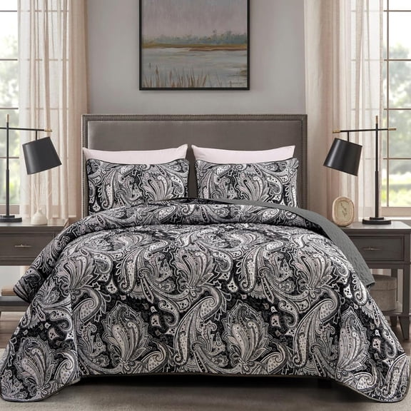 Black Gray Paisley Quilt Set Floral Bedspread Coverlet Set 3 Pieces Queen Size All Season 96"x90"