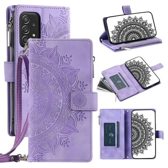 Feishell Zipper Wallet Case for Samsung Galaxy A52 4G/5G,for Women Men,Stylish Embossed Pattern PU Leather Multi Card Slots Magnetic Clasp Flip Stand Crossbody Phone Case with Shoulder Strap,Purple