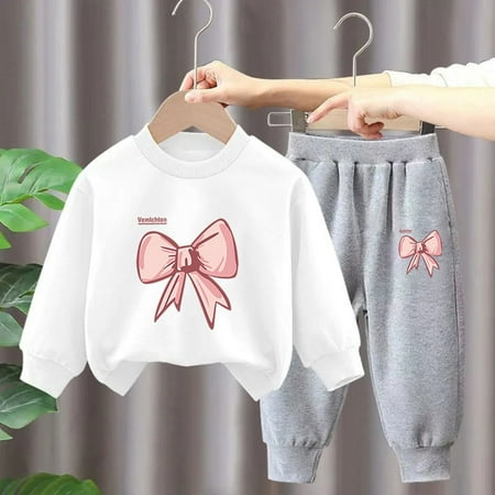 

Geire Boys Girls Casual Outfits 2PC Set Spring Fall New Bow Printed Velvet Sweatershirt Long-sleeved Hoodless Top & Elastic Waist Jogger Pants Two-piece Set