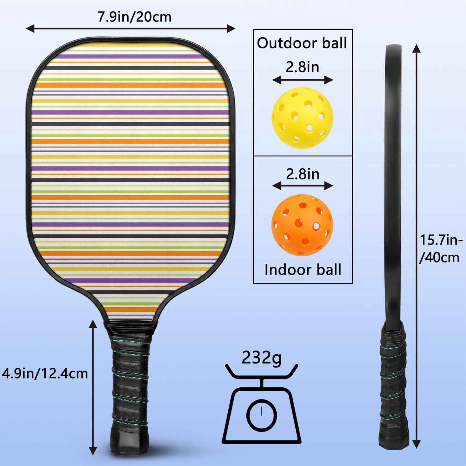 Pickleball Paddles Set Of 1, Fiberglass Surface, Colorful Lines Print, 1 Paddle, 2 Balls & Bag