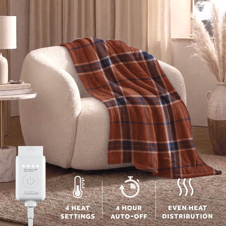 Sunbeam Heated Electric Luxe Plush Throw Blanket, Brown Blue photo 3