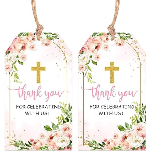 Serencatcher Baptism Thank You Tags, 50pcs Baptism Favors Pink Floral Thank You Tags with String Thank You for Celebrating with Us Tag for Baby Shower Wedding Bridal Shower Party Favors
