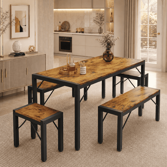 5-Piece Dining Table Set for 6, Kitchen Table with 4 Chairs & Bench, Compact Furniture for Small Space & Apartment Natural wood