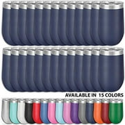 Clear Water Home Goods - Pack of 24 Bulk - 16 oz Stainless Steel Wine Tumblers with Lid, Stemless Vacuum Insulated Double Wall 18/8, Powder Coated - Navy Blue