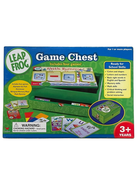 Leap Frog Game Chest with 4 Games Dominoes Math Rummy Alphabet Go Fish Wood Box