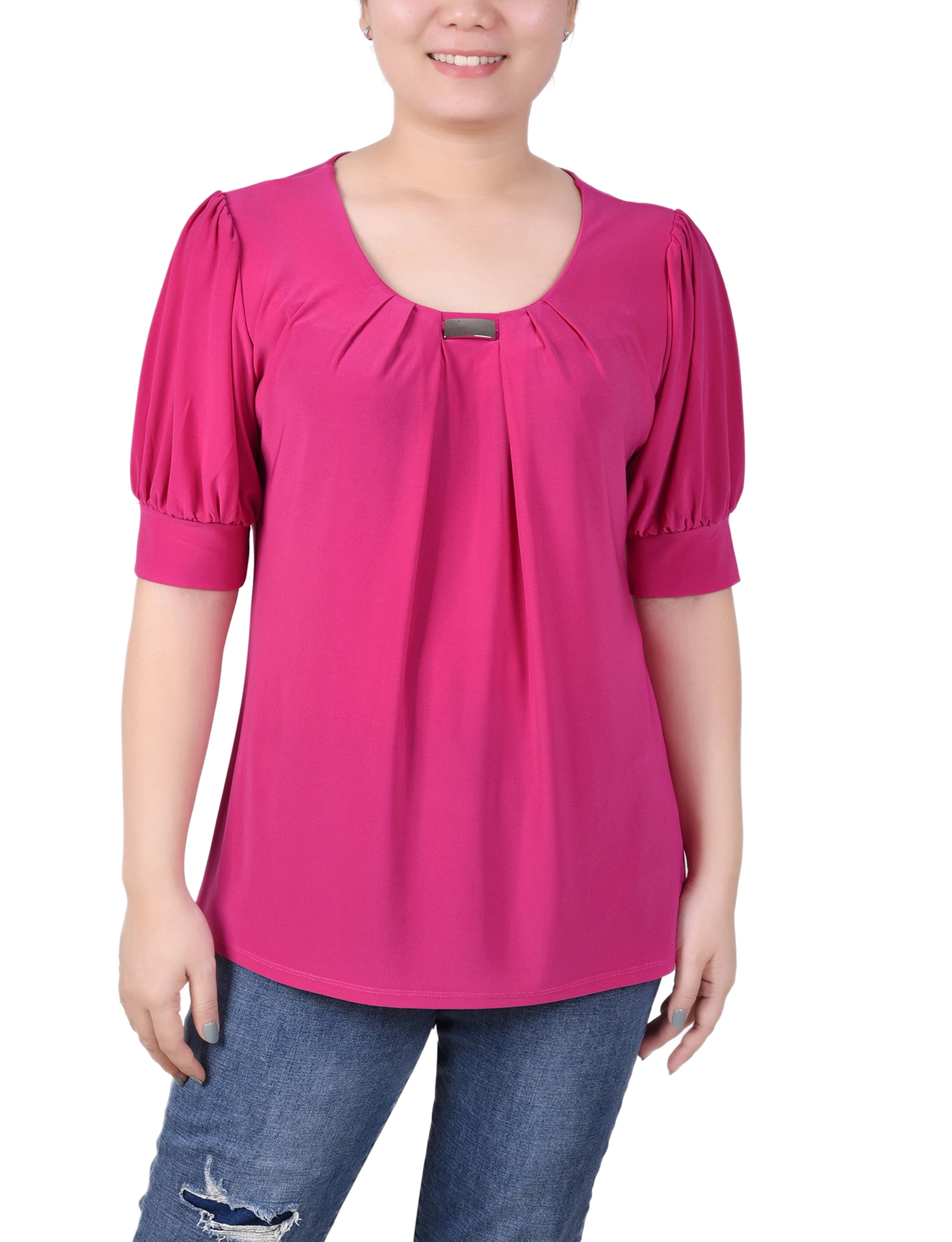 NY Collection Women's Petite Short Sleeve Balloon Sleeve Top with Hardware