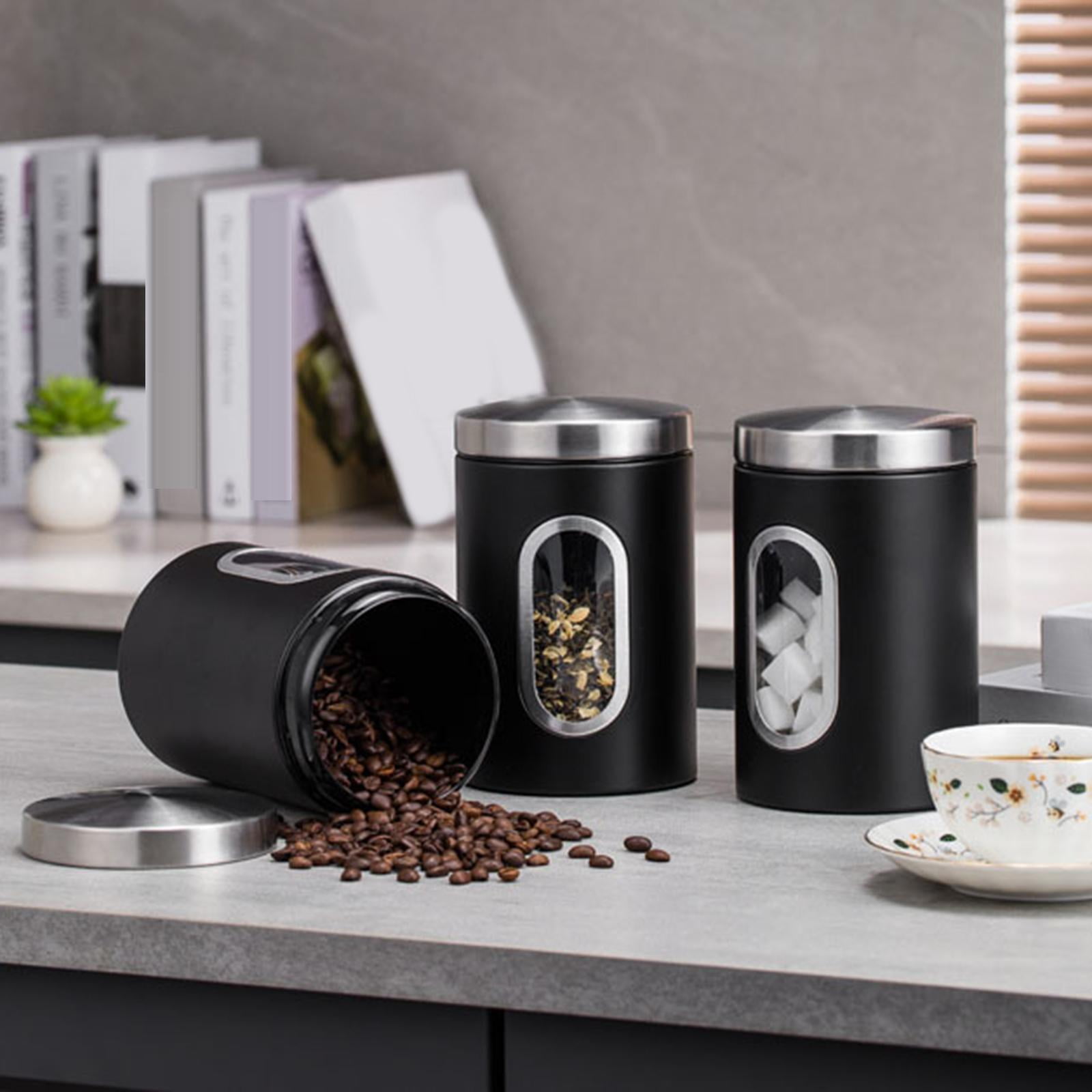 3 Pieces Stainless Steel Food Storage Jars Organization Container Airtight Transparent with Lid Kitchen Storage Canister Set Black