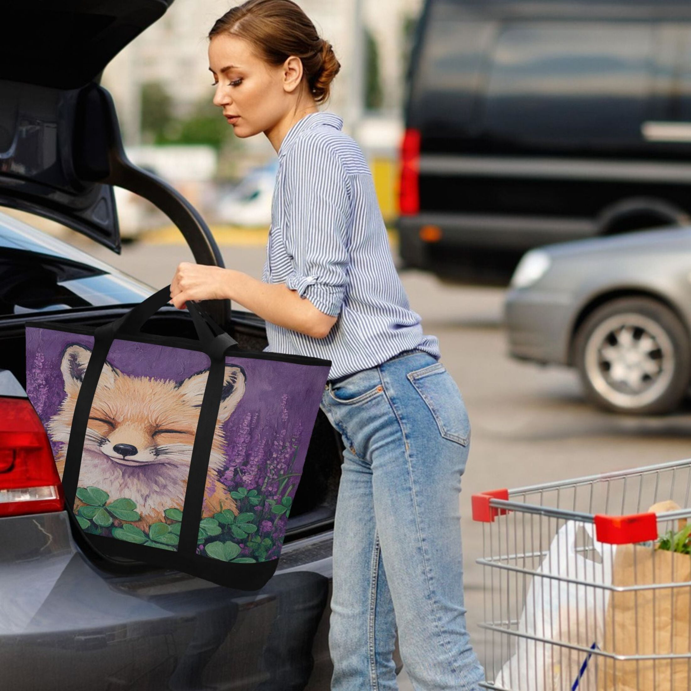 Large Hand-held Ice Pack Picnic Bag Insulation and Refrigeration Suitable for Shopping Picnics and Camping Cute Sleeping Fox
