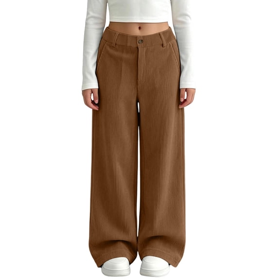 Txenfivo Girls Wide Leg Pants Corduroy Straight-Leg Pants with Button Zipper Closure Casual School Pants for Tween Girls 5-16Y